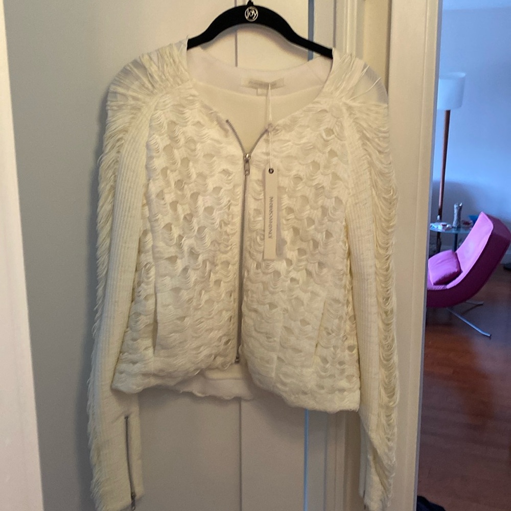 Womens White ivory fringe jacket Jonathan Simkhai light weight viscose